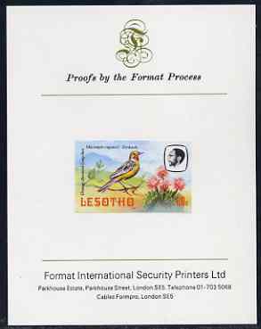 Lesotho 1982 Cape Longclaw 60s imperf proof mounted on Format International proof card (as SG 509), stamps on , stamps on  stamps on lesotho, stamps on  stamps on birds, stamps on  stamps on longclaw