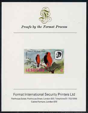 Lesotho 1982 Red Bishop M1 imperf proof mounted on Format International proof card (as SG 511), stamps on , stamps on  stamps on lesotho, stamps on  stamps on birds, stamps on  stamps on bishop