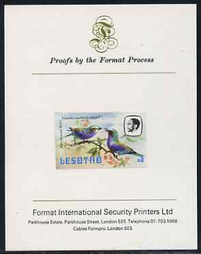 Lesotho 1982 Lilac Breasted Roller M5 imperf proof mounted on Format International proof card (as SG 513), stamps on lesotho, stamps on birds, stamps on roller