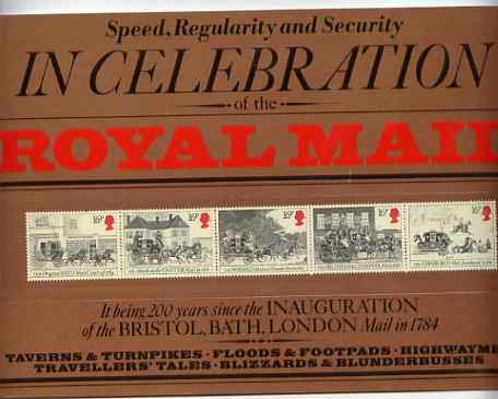 Great Britain 1984 First Mail Coach Run special souvenir book complete with issued strip of 5 stamps, stamps on postal, stamps on mail coaches, stamps on slania
