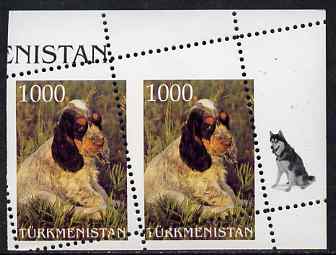 Turkmenistan 1997 Cocker Spaniel horiz pair with horiz & vert perfs applied obliquely, unmounted mint (sheetlets of 12 available, price x 5), stamps on dogs, stamps on cocker spanial