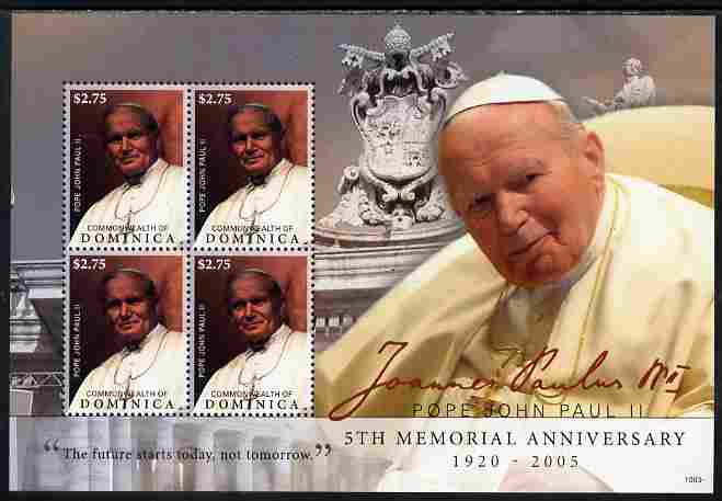 Dominica 2010 Fifth Death Anniversary of Pope John Paul II perf sheetlet containing 4 values unmounted mint, stamps on , stamps on  stamps on personalities, stamps on  stamps on pope, stamps on  stamps on popes