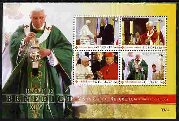 Micronesia 2009 Pope Benedict visits Czech Republic perf sheetlet containing 4 values unmounted mint, stamps on personalities, stamps on pope, stamps on popes