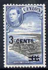 Ceylon 1941 KG6 Colombo Harbour 3c on 6c unmounted mint, SG 398*, stamps on , stamps on  stamps on harbours, stamps on  stamps on  kg6 , stamps on  stamps on 