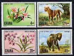 Ghana 1970 Flora and Fauna perf set of 4 unmounted mint, SG 586-89, stamps on , stamps on  stamps on flowers, stamps on  stamps on animals, stamps on  stamps on cats, stamps on  stamps on lions, stamps on  stamps on elephants