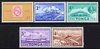 Tonga 1961 75th Anniversary of Tongan Postal services perf set of 5 unmounted mint, SG 115-19, stamps on , stamps on  stamps on postal, stamps on  stamps on stamp on stamp, stamps on  stamps on douglas, stamps on  stamps on dc-4, stamps on  stamps on post offices, stamps on  stamps on aviation, stamps on  stamps on ships, stamps on  stamps on whales, stamps on  stamps on stamponstamp