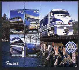 Gambia 2003 Modern Trains perf sheetlet containing 4 values with Rotary logo, unmounted mint, stamps on railways, stamps on rotary