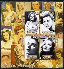 Gambia 2003 Classic Actresses perf sheetlet containing 4 values, unmounted mint (Monroe, Grace Kelly, M Dietrich & I Bergman), stamps on personalities, stamps on cinema, stamps on movies, stamps on women, stamps on marilyn monroe, stamps on 