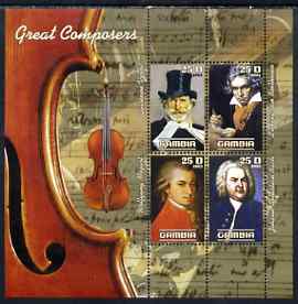 Gambia 2003 Great Composers perf sheetlet containing 4 values, unmounted mint (Verdi, Mozart, Beethoven & Bach)