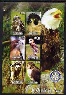 Gambia 2003 Birds of Prey perf sheetlet containing 6 values with Rotary logo, unmounted mint, stamps on , stamps on  stamps on birds, stamps on  stamps on birds of prey, stamps on  stamps on owls, stamps on  stamps on eagles, stamps on  stamps on rotary