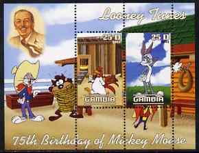 Gambia 2003 Looney Tunes - 75th Birthday of Mickey Mouse perf sheetlet containing 2 values, unmounted mint, stamps on disney, stamps on cartoons
