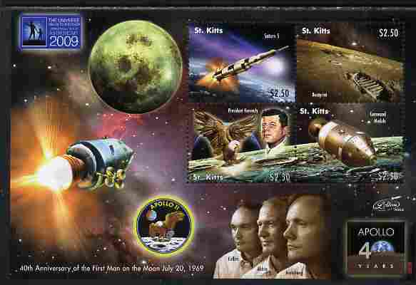 St Kitts 2009 40th Anniversary of Moon Landing perf sheetlet containing 4 values unmounted mint, stamps on personalities, stamps on space, stamps on apollo, stamps on kennedy, stamps on usa presidents, stamps on americana