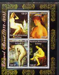 Congo 2004 Nude Paintings by Edouard Manet perf sheetlet containing 4 values, unmounted mint, stamps on arts, stamps on nudes, stamps on manet