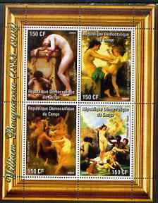 Congo 2004 Nude Paintings by William Bouguereau perf sheetlet containing 4 values, unmounted mint, stamps on arts, stamps on nudes, stamps on bouguereau