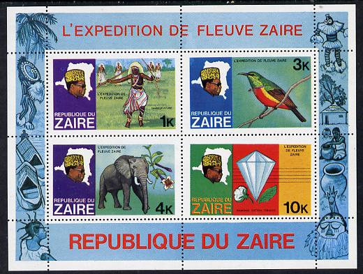 Zaire 1979 River Expedition m/sheet #1, 1k Dancer with red confetti flaw on panel by map unmounted mint, stamps on animals, stamps on birds, stamps on dancing, stamps on maps, stamps on minerals, stamps on textiles, stamps on elephants, stamps on tobacco