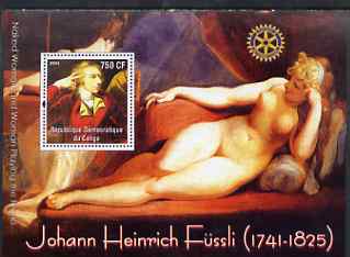 Congo 2004 Paintings by Johann Heinrich Füssli perf souvenir sheet with Rotary Logo, unmounted mint, stamps on arts, stamps on nudes, stamps on rotary, stamps on fÜssli