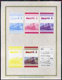 Tuvalu - Nanumaga 1985 Locomotives (Leaders of the World) 60c (Copper Nob) set of 7 imperf progressive proof pairs comprising the 4 individual colours plus 2, 3 and all 4 colour composites mounted on special Format International cards (7 se-tenant proof pairs), stamps on , stamps on  stamps on railways