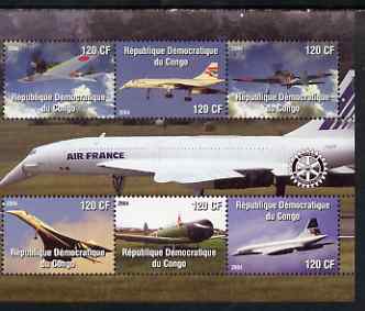 Congo 2004 Aircraft (incl Air France Concorde) perf sheetlet containing 6 values, with Rotary Logo unmounted mint, stamps on , stamps on  stamps on aviation, stamps on  stamps on concorde, stamps on  stamps on rotary