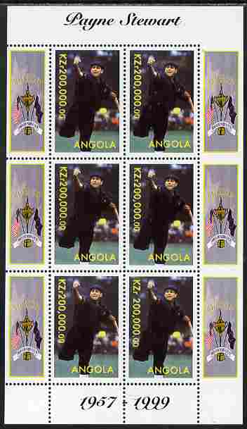 Angola 1999 Golf - Payne Stewart perf sheetlet containing 6 values unmounted mint. Note this item is privately produced and is offered purely on its thematic appeal, stamps on , stamps on  stamps on personalities, stamps on  stamps on golf, stamps on  stamps on sport