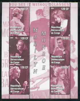 Congo 2004 Marilyn Monroe #1 (mauve background) perf sheetlet containing 6 values, unmounted mint, stamps on , stamps on  stamps on films, stamps on  stamps on cinema, stamps on  stamps on entertainments, stamps on  stamps on women, stamps on  stamps on marilyn monroe, stamps on  stamps on personalities