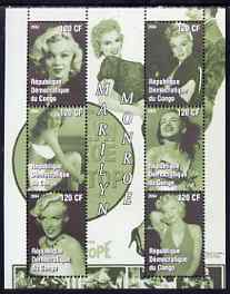 Congo 2004 Marilyn Monroe #2 (green background) perf sheetlet containing 6 values, unmounted mint, stamps on films, stamps on cinema, stamps on entertainments, stamps on women, stamps on marilyn monroe, stamps on personalities