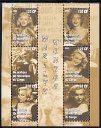 Congo 2004 Marilyn Monroe #3 (yellow-brown background) perf sheetlet containing 6 values, unmounted mint, stamps on , stamps on  stamps on films, stamps on  stamps on cinema, stamps on  stamps on entertainments, stamps on  stamps on women, stamps on  stamps on marilyn monroe, stamps on  stamps on personalities