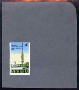 Nigeria 1971 Opening of Earth Satellite Station - 4d imperf machine proof (as issued stamp) mounted on small piece of grey card believed to be as submitted for final approval, stamps on radio, stamps on satellites, stamps on communications