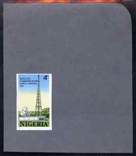 Nigeria 1971 Opening of Earth Satellite Station - 4d imperf machine proof (as issued stamp) mounted on small piece of grey card believed to be as submitted for final approval, stamps on , stamps on  stamps on radio, stamps on  stamps on satellites, stamps on  stamps on communications