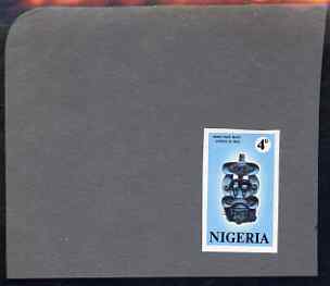 Nigeria 1971 Antiquities of Nigeria 4d Face Mask imperf machine proof (as issued stamp) mounted on small piece of grey card believed to be as submitted for final approval, stamps on antiques, stamps on artefacts, stamps on masks