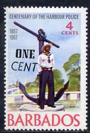 Barbados 1969 surcharged 1c on 4c Policeman & Anchor unmounted mint, SG 392*