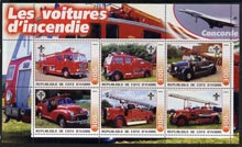 Ivory Coast 2003 Fire Engines #2 perf sheetlet containing set of 6 values (each with Scout Logo & Concorde in Margin) unmounted mint, stamps on fire, stamps on scouts, stamps on concorde, stamps on aviation