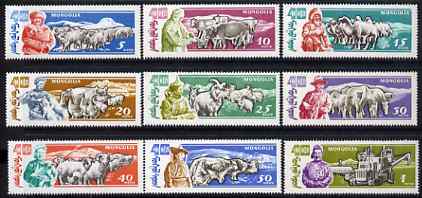 Mongolia 1961 40th Anniversary of Independence (3rd issue - Animal Husbandry) perf set of 9 unmounted mint, SG 233-41, stamps on animals, stamps on oxen, stamps on camels, stamps on bovine, stamps on goats, stamps on ovine, stamps on horses, stamps on cows, stamps on agriculture, stamps on farming