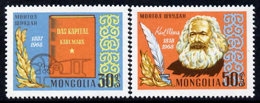 Mongolia 1968 150th Birth Anniversary of Karl Marx, perf set of 2 unmounted mint, SG 477-78, stamps on , stamps on  stamps on personalities, stamps on  stamps on marx, stamps on  stamps on constitutions