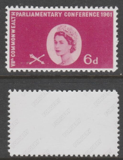 Great Britain 1961 Seventh Commonwealth Parliamentary Conference 6d with gold omitted,  'Maryland' perf forgery 'unused' as SG 629a - the word Forgery is either handstamped or printed on the back and comes on a presentation card with descriptive notes, stamps on , stamps on  stamps on maryland, stamps on  stamps on forgery, stamps on  stamps on forgeries