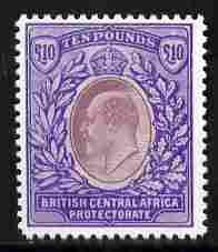 Nyasaland 1903 King Edward £10 (BCA),  'Maryland' perf forgery 'unused', as SG 67 - the word Forgery is either handstamped or printed on the back and comes on a presentation card with descriptive notes, stamps on , stamps on  stamps on maryland, stamps on  stamps on forgery, stamps on  stamps on forgeries, stamps on  stamps on  ke7 , stamps on  stamps on 