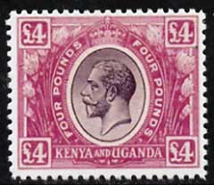 Kenya, Uganda & Tanganyika 1922 King George £4,  'Maryland' perf forgery 'unused', as SG 98 - the word Forgery is either handstamped or printed on the back and comes on a presentation card with descriptive notes, stamps on , stamps on  stamps on maryland, stamps on  stamps on forgery, stamps on  stamps on forgeries, stamps on  stamps on  kg5 , stamps on  stamps on 