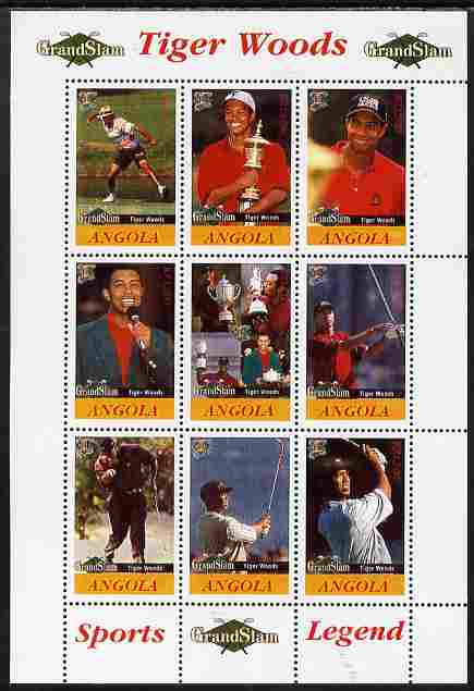 Angola 2009 Golf Grand Slam - Tiger Woods #1 perf sheetlet containing 9 values unmounted mint. Note this item is privately produced and is offered purely on its thematic appeal, stamps on , stamps on  stamps on personalities, stamps on  stamps on golf, stamps on  stamps on sport