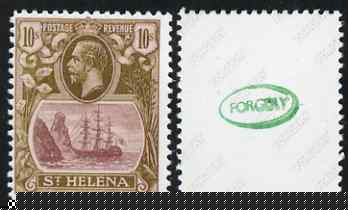 St Helena 1922-37 KG5 Badge 10s,  'Maryland' perf forgery 'unused' as SG 112 - the word Forgery is either handstamped or printed on the back and comes on a presentation card with descriptive notes, stamps on maryland, stamps on forgery, stamps on forgeries, stamps on , stamps on  kg5 , stamps on , stamps on ships