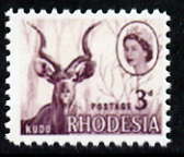 Rhodesia 1966 Kudu 3d with pale blue omitted,  'Maryland' perf forgery 'unused' as SG 376b - the word Forgery is either handstamped or printed on the back and comes on a presentation card with descriptive notes, stamps on , stamps on  stamps on maryland, stamps on  stamps on forgery, stamps on  stamps on forgeries, stamps on  stamps on  