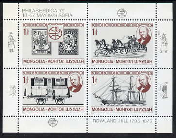 Mongolia 1979 Death Centenary of Sir Rowland Hill & 'Philaserdica 79' perf sheetlet containing set of 4 values unmounted mint, SG 1211a, stamps on , stamps on  stamps on rowland hill, stamps on  stamps on stamp exhibitions, stamps on  stamps on stamp on stamp, stamps on  stamps on horses, stamps on  stamps on ships, stamps on  stamps on mail coaches, stamps on  stamps on paddle steamers, stamps on  stamps on railways, stamps on  stamps on , stamps on  stamps on stamponstamp