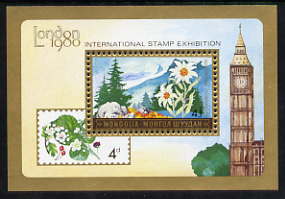 Mongolia 1980 London 1980 Stamp Exhibition perf m/sheet (Flowers) unmounted mint, SG MS 1265, stamps on stamp exhibitions, stamps on flowers, stamps on clocks, stamps on london