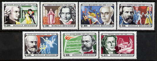 Mongolia 1981 Composers perf set of 7 unmounted mint, SG 1407-13, stamps on music, stamps on composers, stamps on mozart, stamps on beethoven, stamps on bartok, stamps on verdi, stamps on tchaikovsky, stamps on dvorak, stamps on chopin, stamps on personalities, stamps on beethoven, stamps on opera, stamps on music, stamps on composers, stamps on deaf, stamps on disabled, stamps on masonry, stamps on masonics, stamps on personalities, stamps on mozart, stamps on music, stamps on composers, stamps on masonics, stamps on masonry