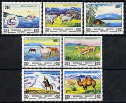 Mongolia 1982 Landscapes and Animals perf set of 7 unmounted mint, SG 1467-84, stamps on fish, stamps on ships, stamps on sheep, stamps on ovine, stamps on beavers, stamps on animals, stamps on horses, stamps on gazelles, stamps on eagles, stamps on birds of prey, stamps on camels, stamps on tourism