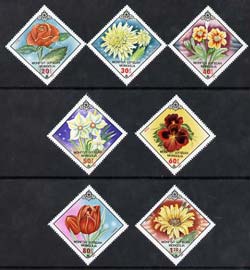 Mongolia 1983 Flowers Diamond shaped perf set of 7 unmounted mint SG 1531-37, stamps on flowers, stamps on tulips, stamps on roses