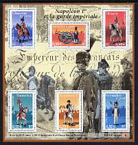 France 2004 Napoleonic Uniforms perf m/sheet containing set of 6 (with premium for Red Cross) unmounted mint, stamps on , stamps on  stamps on napoleon, stamps on  stamps on militaria, stamps on  stamps on uniforms, stamps on  stamps on horses, stamps on  stamps on red cross  , stamps on  stamps on dictators.