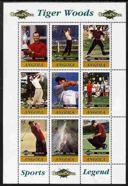 Angola 2009 Golf Grand Slam - Tiger Woods #2 perf sheetlet containing 9 values unmounted mint. Note this item is privately produced and is offered purely on its thematic appeal, stamps on , stamps on  stamps on personalities, stamps on  stamps on golf, stamps on  stamps on sport