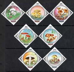 Mongolia 1985 Fungi Diamond shaped perf set of 7 unmounted mint, SG 1711-17, stamps on , stamps on  stamps on fungi