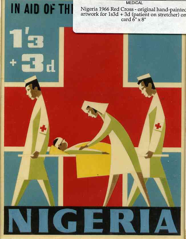 Nigeria 1966 Red Cross - original hand-painted artwork for 1s3d + 3d (patient on stretcher) by unknown artist on card 6 x 8, stamps on medical    red cross       nurses
