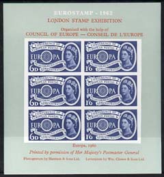 Exhibition souvenir sheet for 1962 London Stamp Exhibition showing Great Britain Europa 1s6d stamp block of 6 (grey background) unmounted mint, stamps on , stamps on  stamps on cinderella, stamps on  stamps on stamp exhibitions, stamps on  stamps on europa