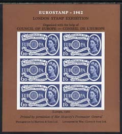 Exhibition souvenir sheet for 1962 London Stamp Exhibition showing Great Britain Europa 1s6d stamp block of 6 (brown background) unmounted mint, stamps on cinderella, stamps on stamp exhibitions, stamps on europa